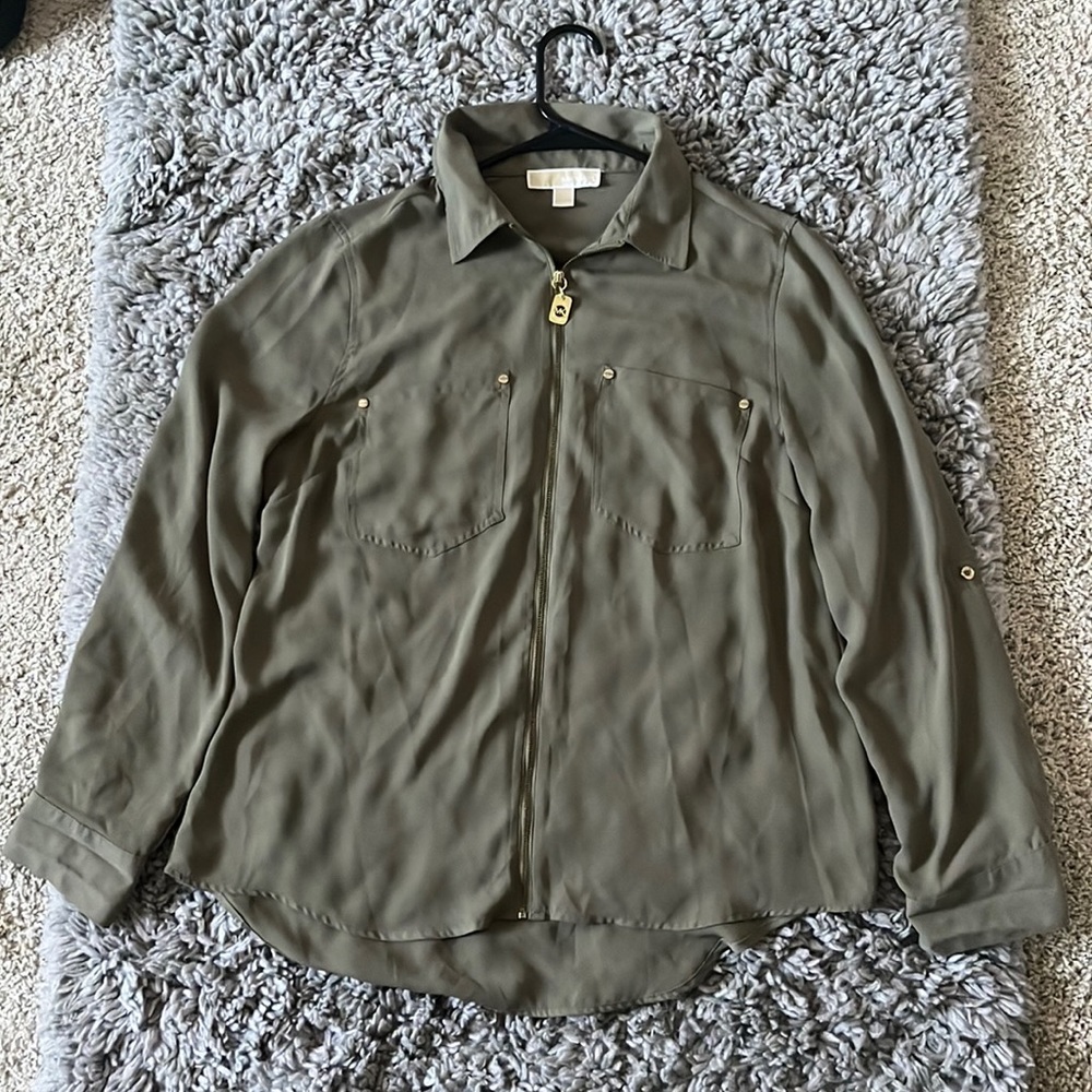 Olive green silky blouse with zipper